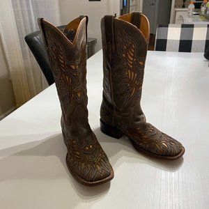 Lucchese Brown Leather Cut Out Embroidered‎ Cowboy Boots Women's Sz 7 B M3683